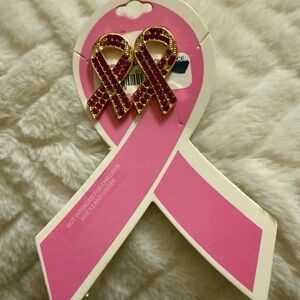 Pink Ribbon Earrings with Red Gem Accents